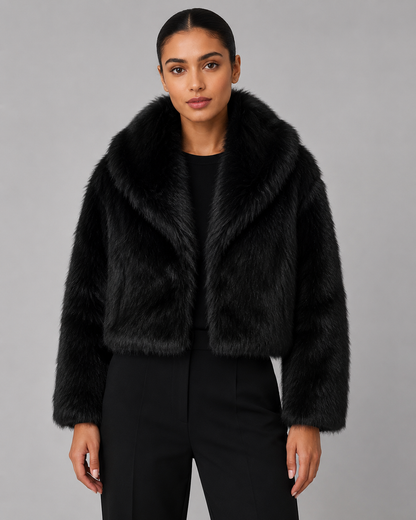 Women's Faux Fur Jacket - Cropped Wide Collar Winter Jacket