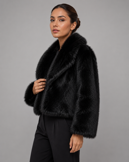 Women's Faux Fur Jacket - Cropped Wide Collar Winter Jacket