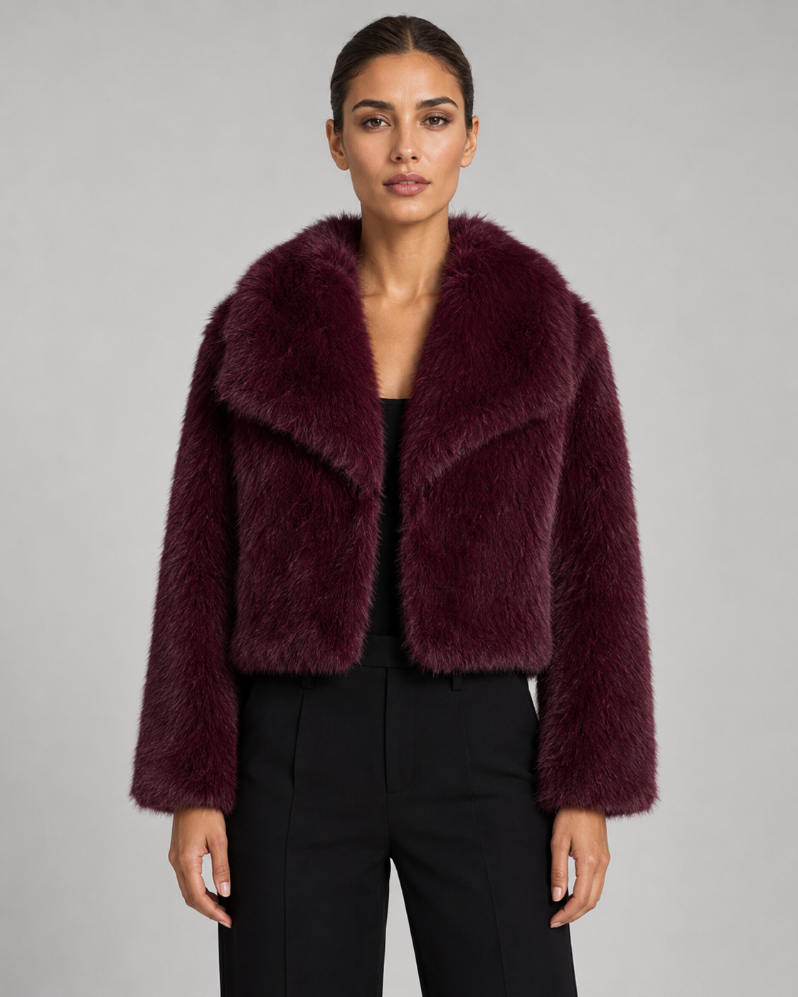 Women's Faux Fur Jacket - Cropped Wide Collar Winter Jacket