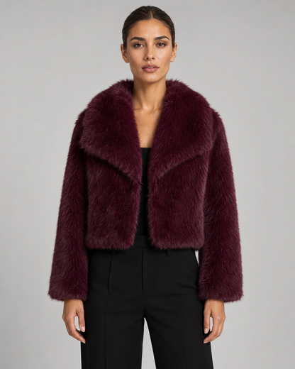 Women's Faux Fur Jacket - Cropped Wide Collar Winter Jacket