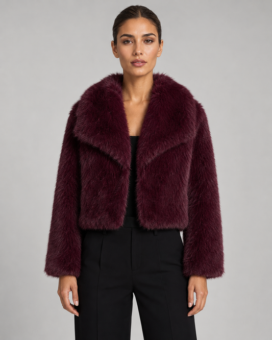 Women's Faux Fur Jacket - Cropped Wide Collar Winter Jacket