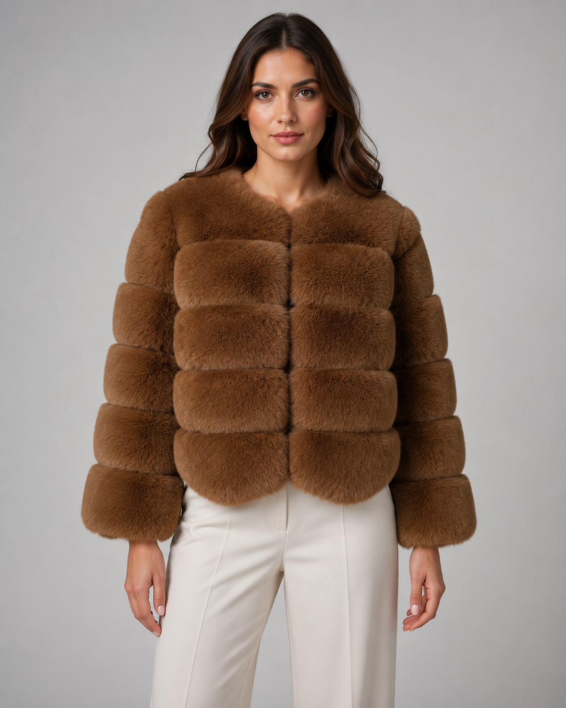 Women's Faux Fur Jacket - Collarless Cropped Winter Jacket