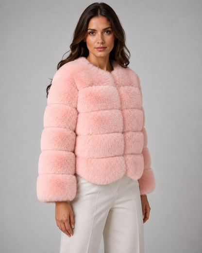 Women's Faux Fur Jacket - Collarless Cropped Winter Jacket
