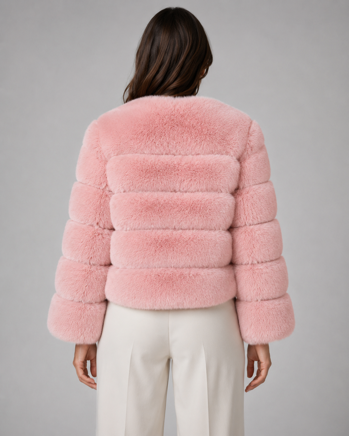 Women's Faux Fur Jacket - Collarless Cropped Winter Jacket