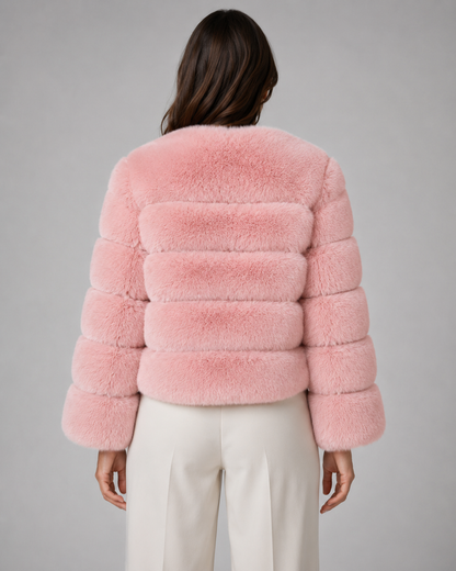 Women's Faux Fur Jacket - Collarless Cropped Winter Jacket
