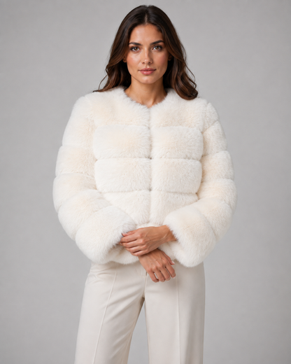 Women's Faux Fur Jacket - Collarless Cropped Winter Jacket