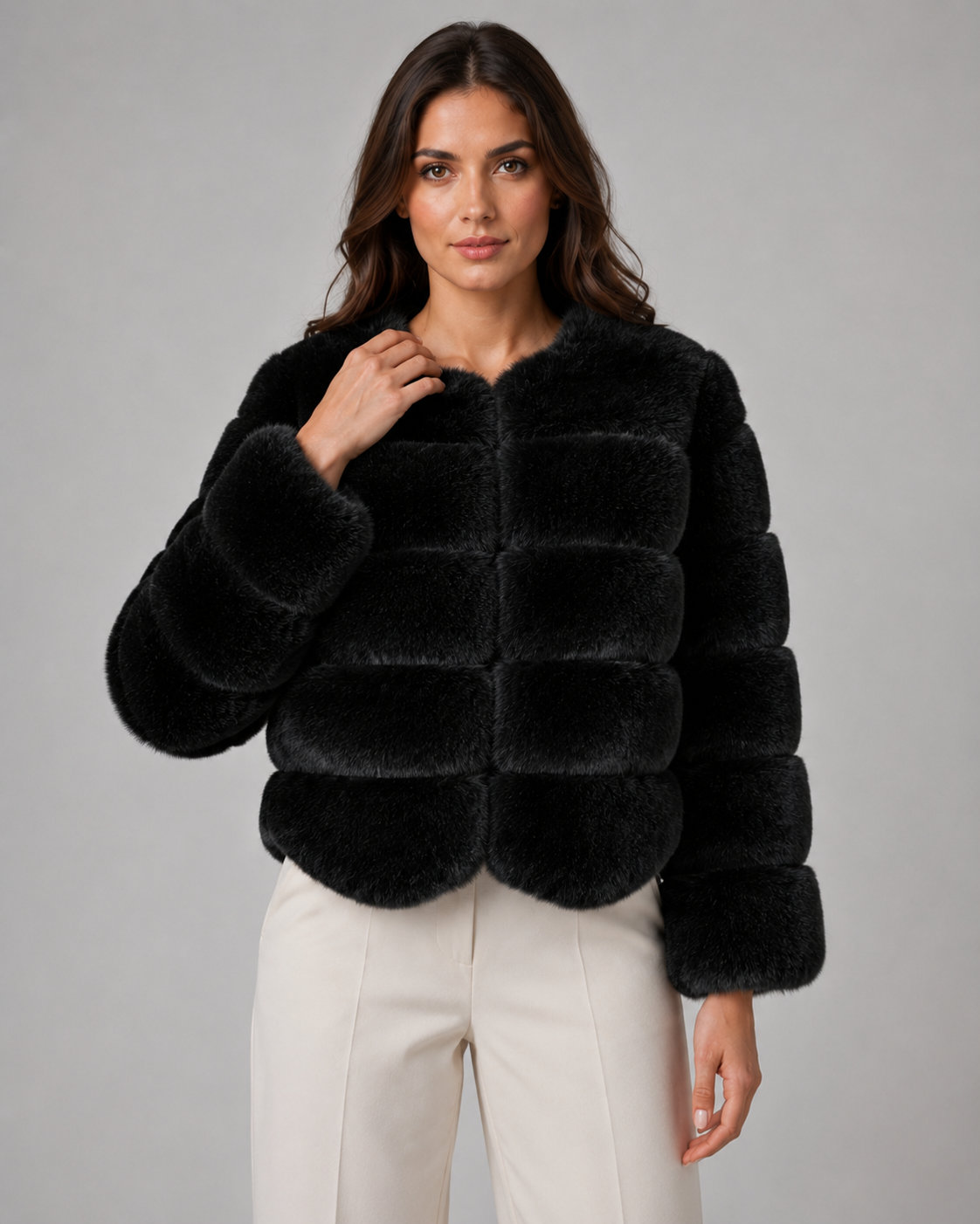 Women's Faux Fur Jacket - Collarless Cropped Winter Jacket