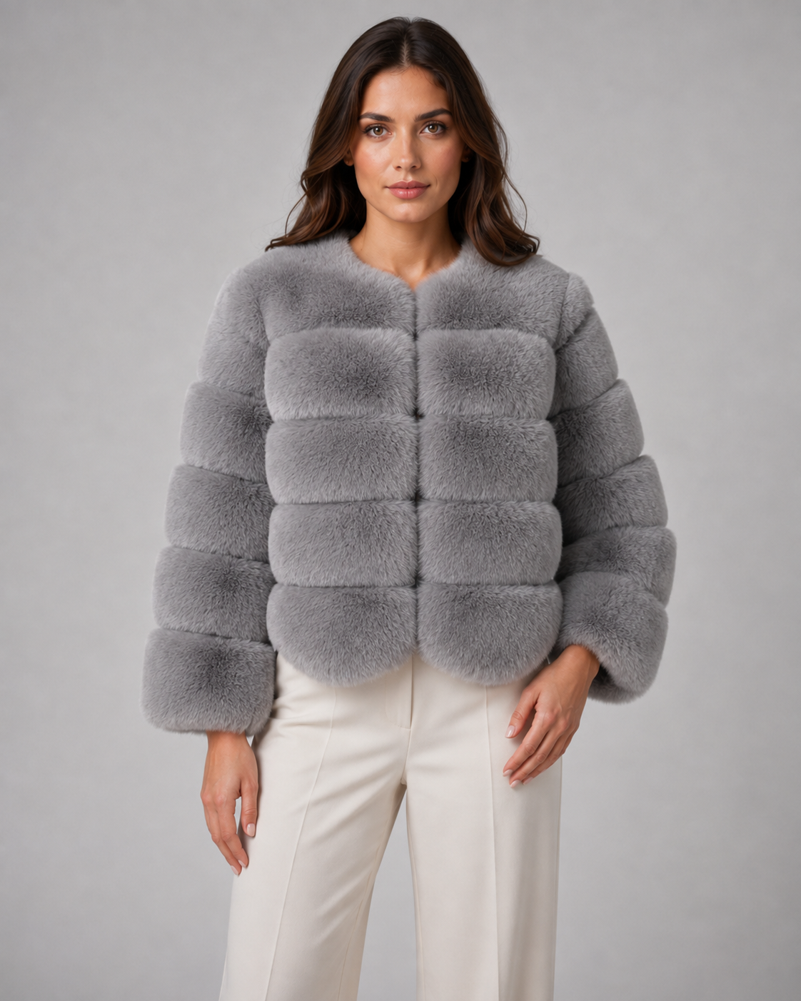 Women's Faux Fur Jacket - Collarless Cropped Winter Jacket