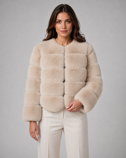 Women's Faux Fur Jacket - Collarless Cropped Winter Jacket