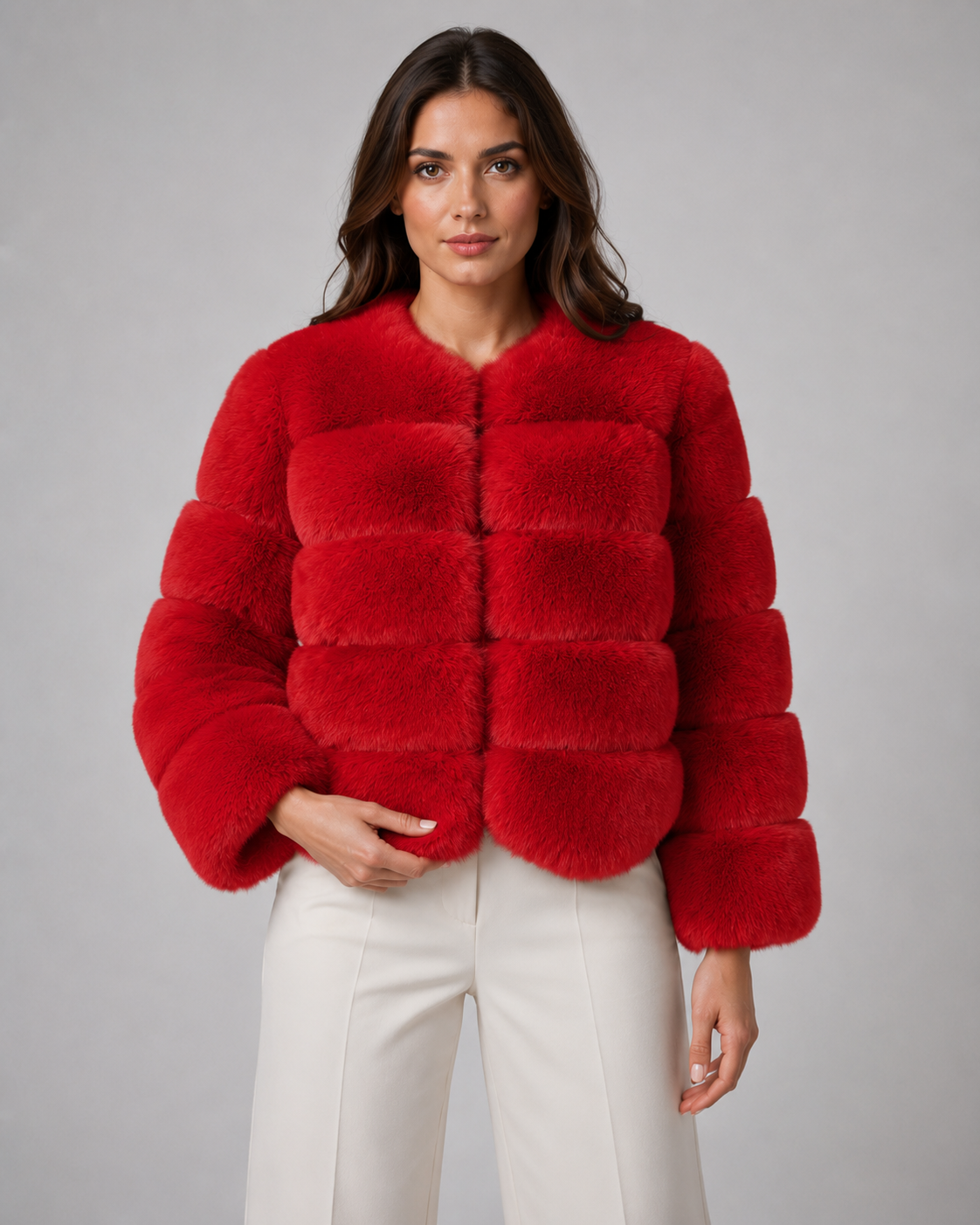 Women's Faux Fur Jacket - Collarless Cropped Winter Jacket