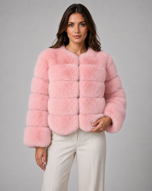 Women's Faux Fur Jacket - Collarless Cropped Winter Jacket