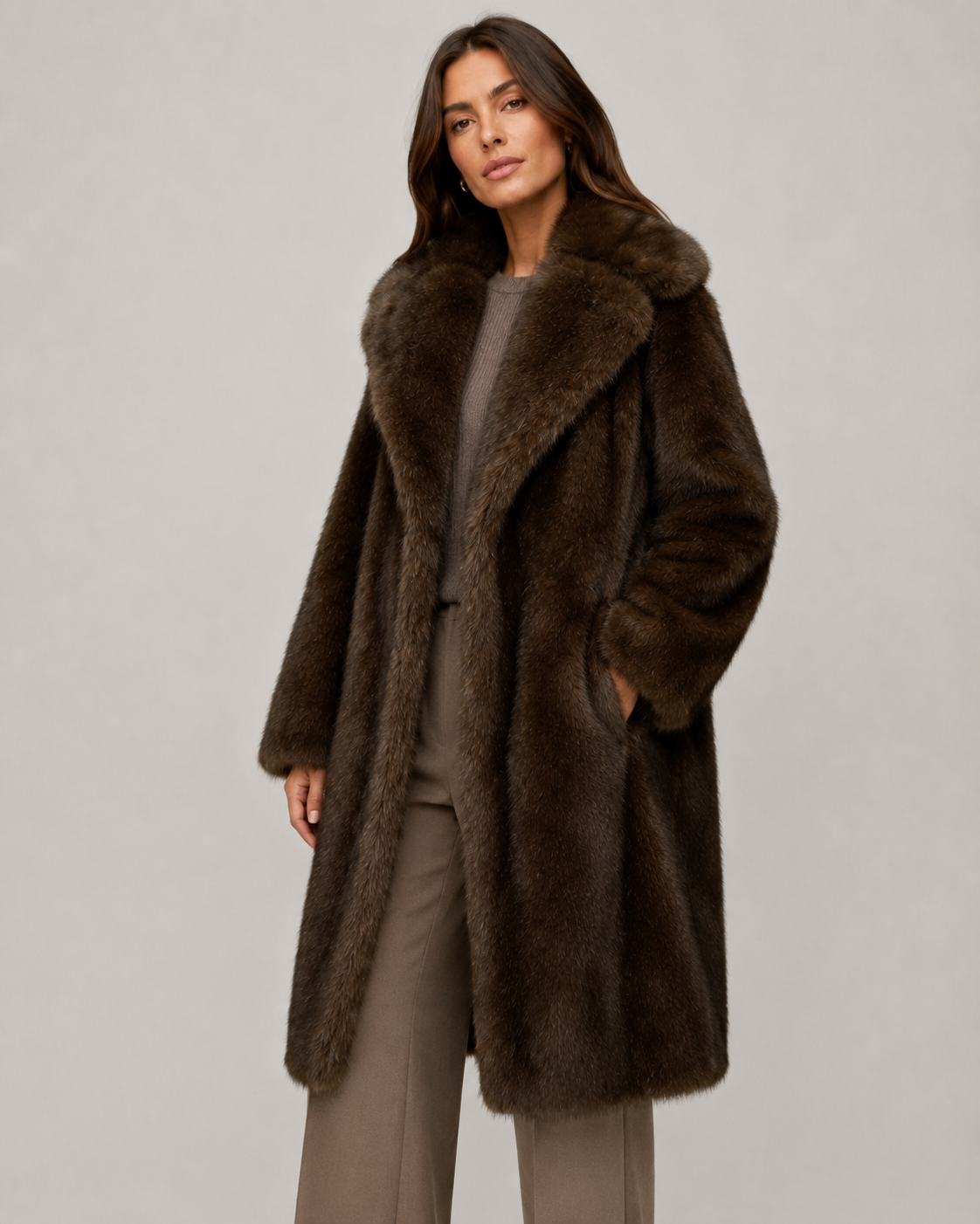 Women's Faux Fur Coat - Longline Winter Coat with Wide Collar