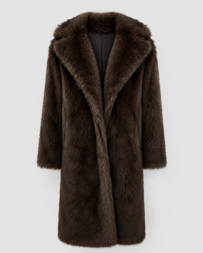 Women's Faux Fur Coat - Longline Winter Coat with Wide Collar