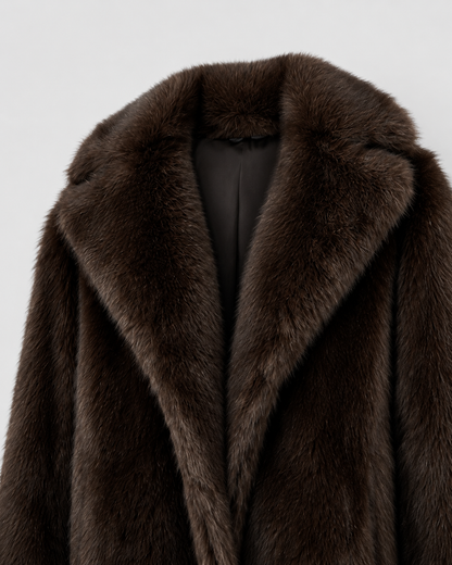 Women's Faux Fur Coat - Longline Winter Coat with Wide Collar