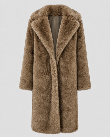 Women's Faux Fur Coat - Longline Winter Coat with Wide Collar