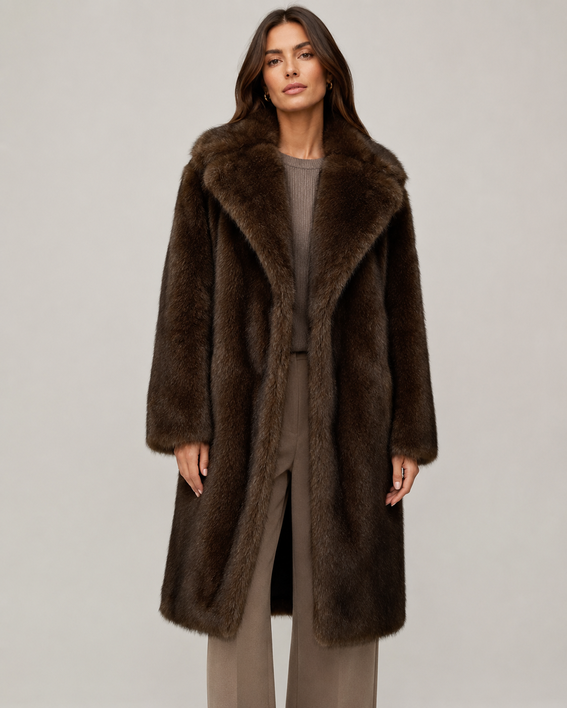 Women's Faux Fur Coat - Longline Winter Coat with Wide Collar