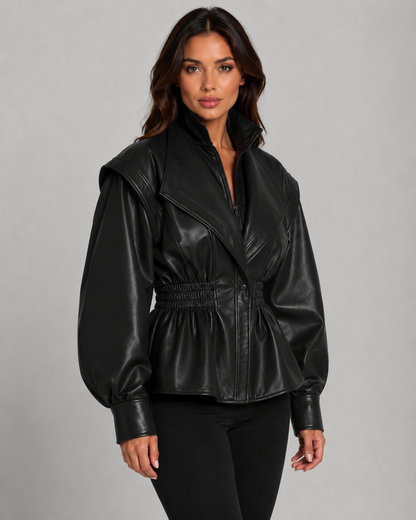 Women's Faux Leather Jacket - Peplum Cinched Waist Jacket