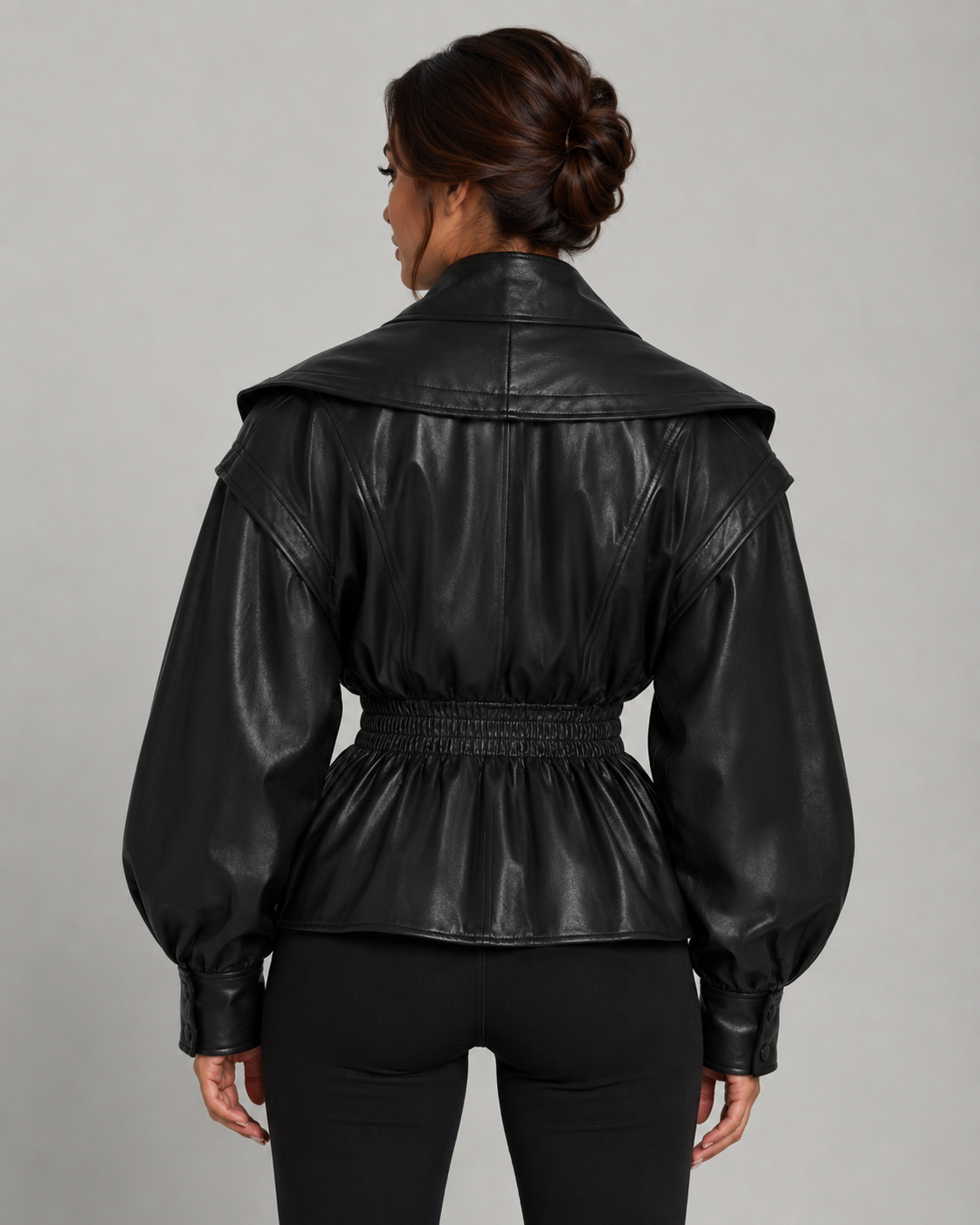 Women's Faux Leather Jacket - Peplum Cinched Waist Jacket
