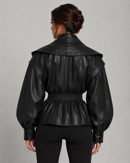Women's Faux Leather Jacket - Peplum Cinched Waist Jacket