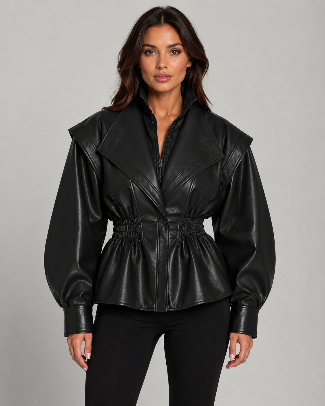 Women's Faux Leather Jacket - Peplum Cinched Waist Jacket