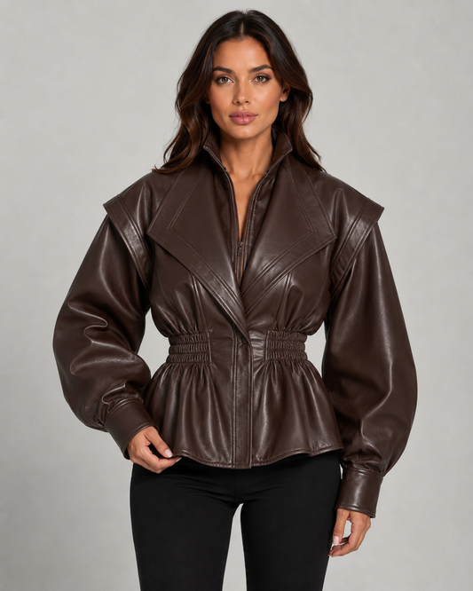 Women's Faux Leather Jacket - Peplum Cinched Waist Jacket