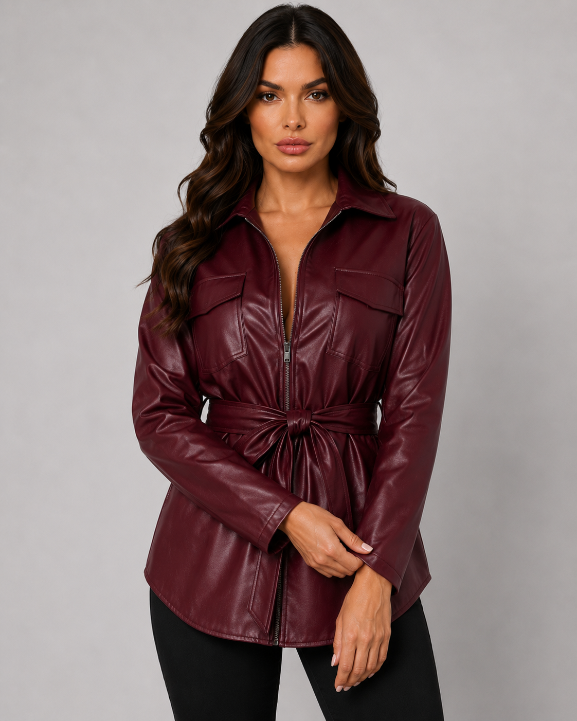 Women's Faux Leather Jacket - Belted Zip Up Shirt Jacket