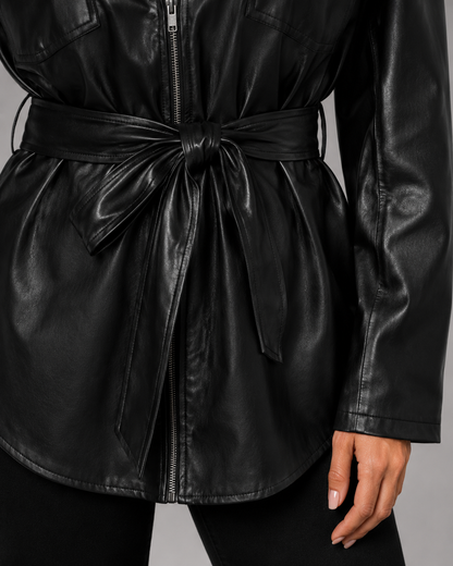 Women's Faux Leather Jacket - Belted Zip Up Shirt Jacket