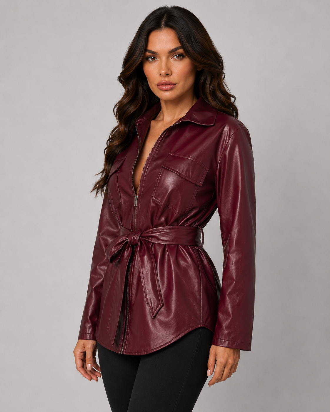Women's Faux Leather Jacket - Belted Zip Up Shirt Jacket