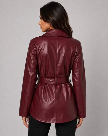Women's Faux Leather Jacket - Belted Zip Up Shirt Jacket
