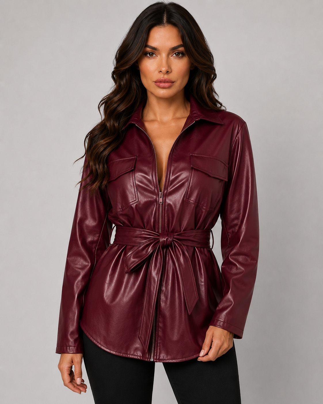 Women's Faux Leather Jacket - Belted Zip Up Shirt Jacket