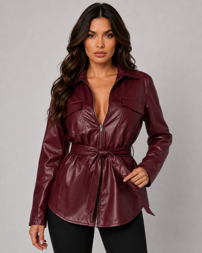 Women's Faux Leather Jacket - Belted Zip Up Shirt Jacket