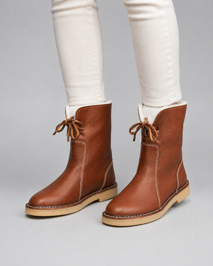 Women's Snow Boots - Fleece Lined Lace Up Mid Calf