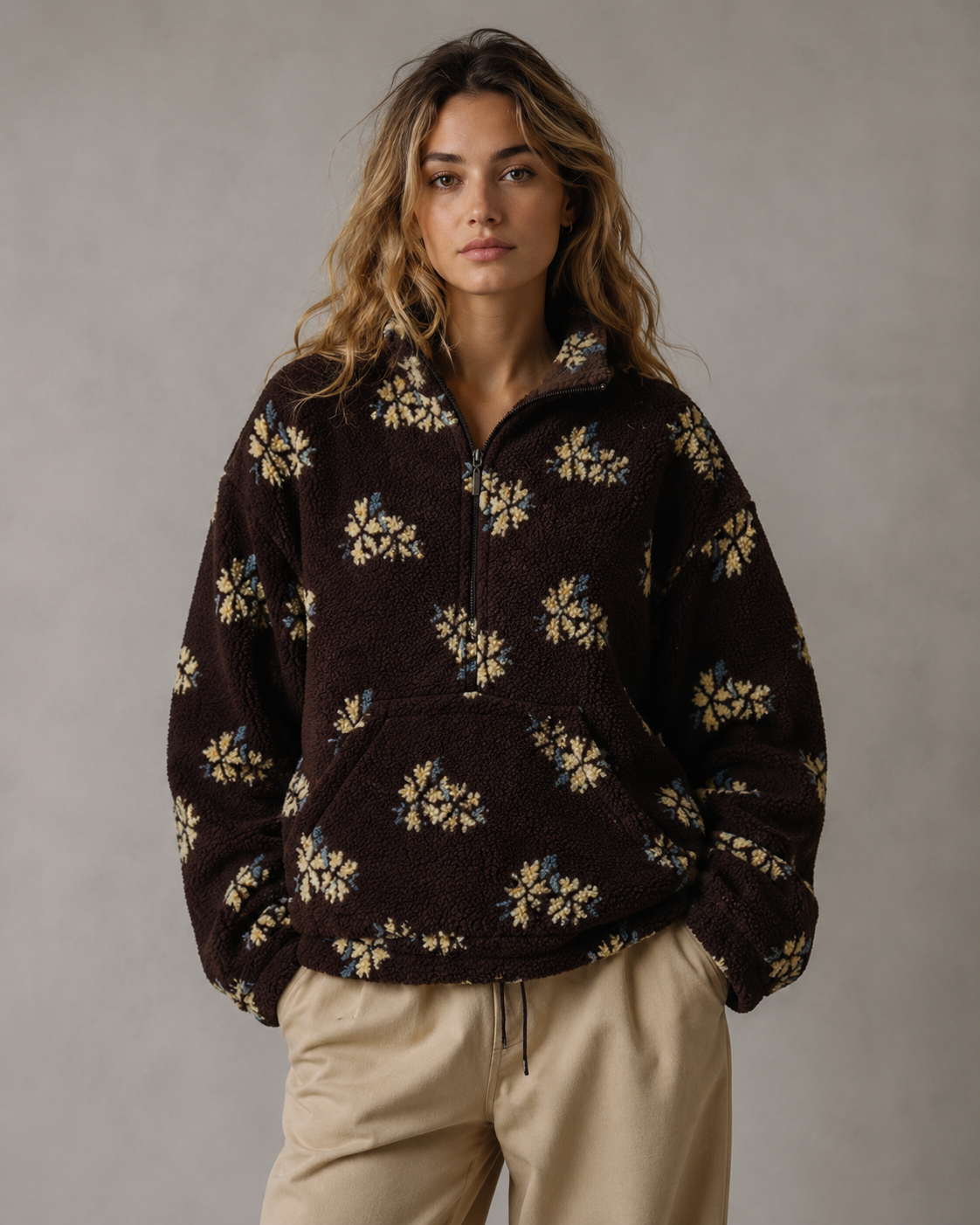 Women's Sherpa Pullover - Floral Quarter Zip Oversized Fit