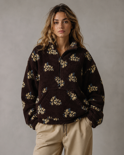 Women's Sherpa Pullover - Floral Quarter Zip Oversized Fit