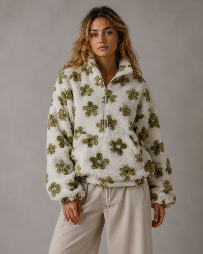Women's Sherpa Pullover - Floral Quarter Zip Oversized Fit