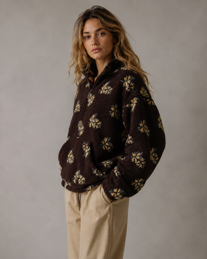 Women's Sherpa Pullover - Floral Quarter Zip Oversized Fit