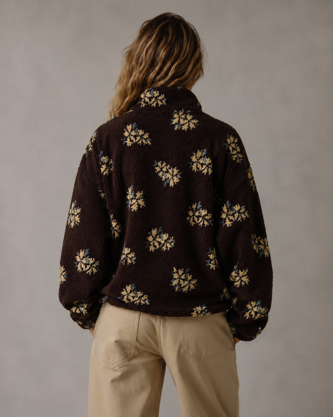 Women's Sherpa Pullover - Floral Quarter Zip Oversized Fit
