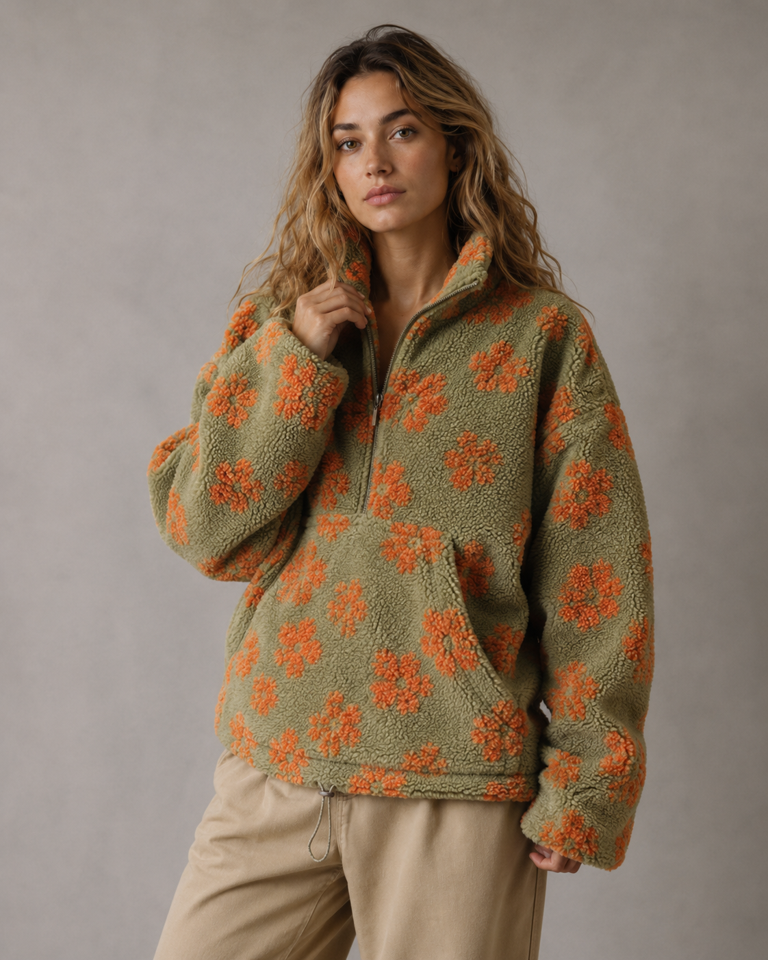 Women's Sherpa Pullover - Floral Quarter Zip Oversized Fit