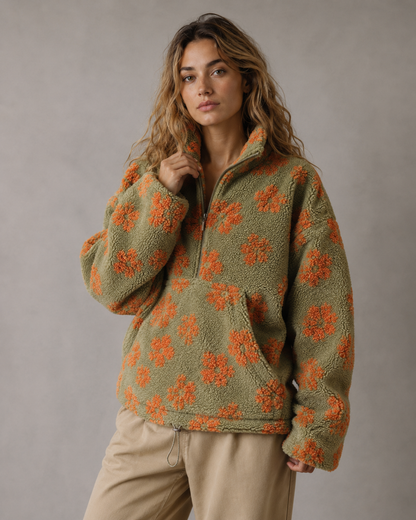 Women's Sherpa Pullover - Floral Quarter Zip Oversized Fit