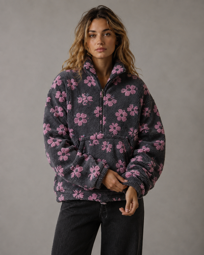 Women's Sherpa Pullover - Floral Quarter Zip Oversized Fit