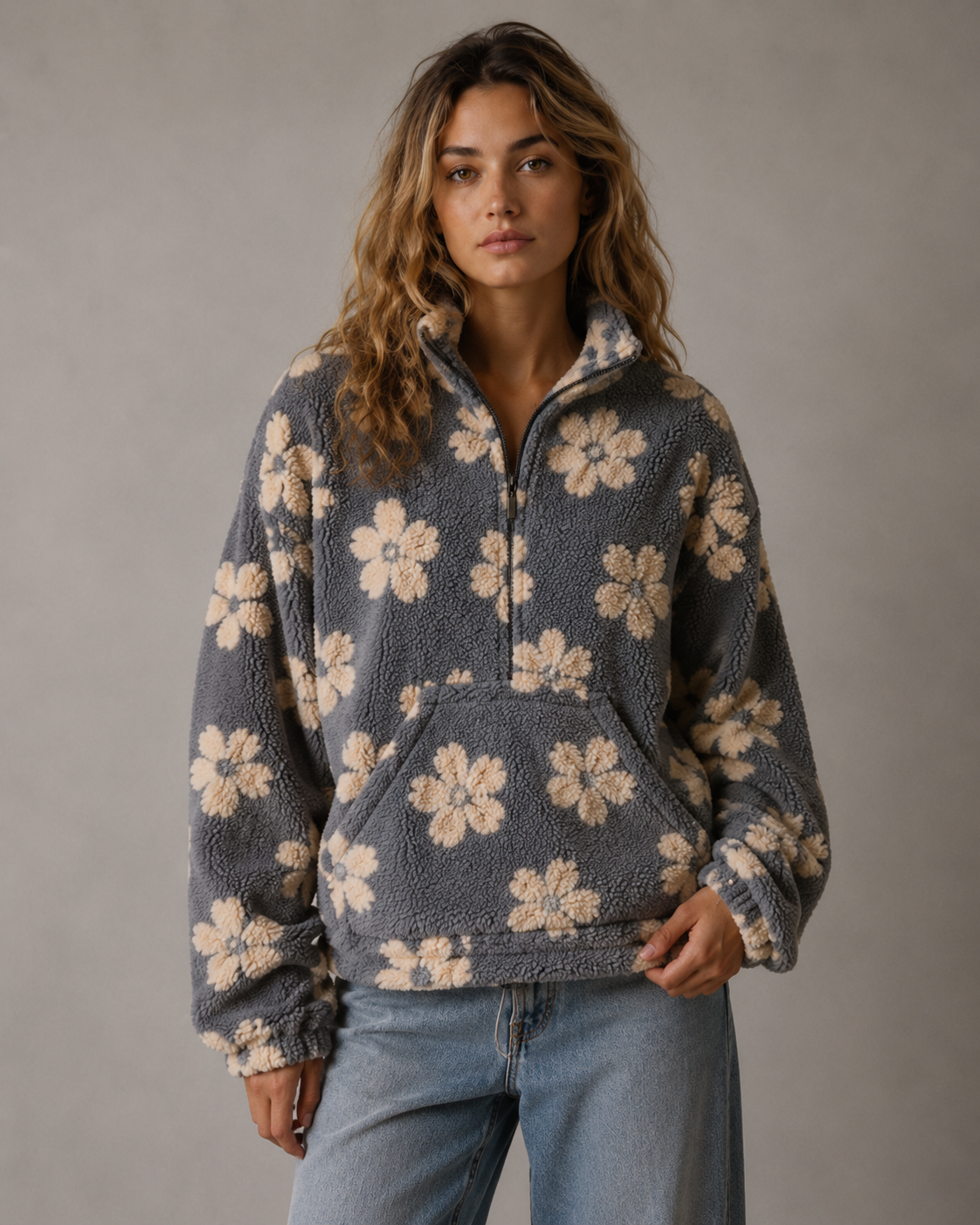 Women's Sherpa Pullover - Floral Quarter Zip Oversized Fit