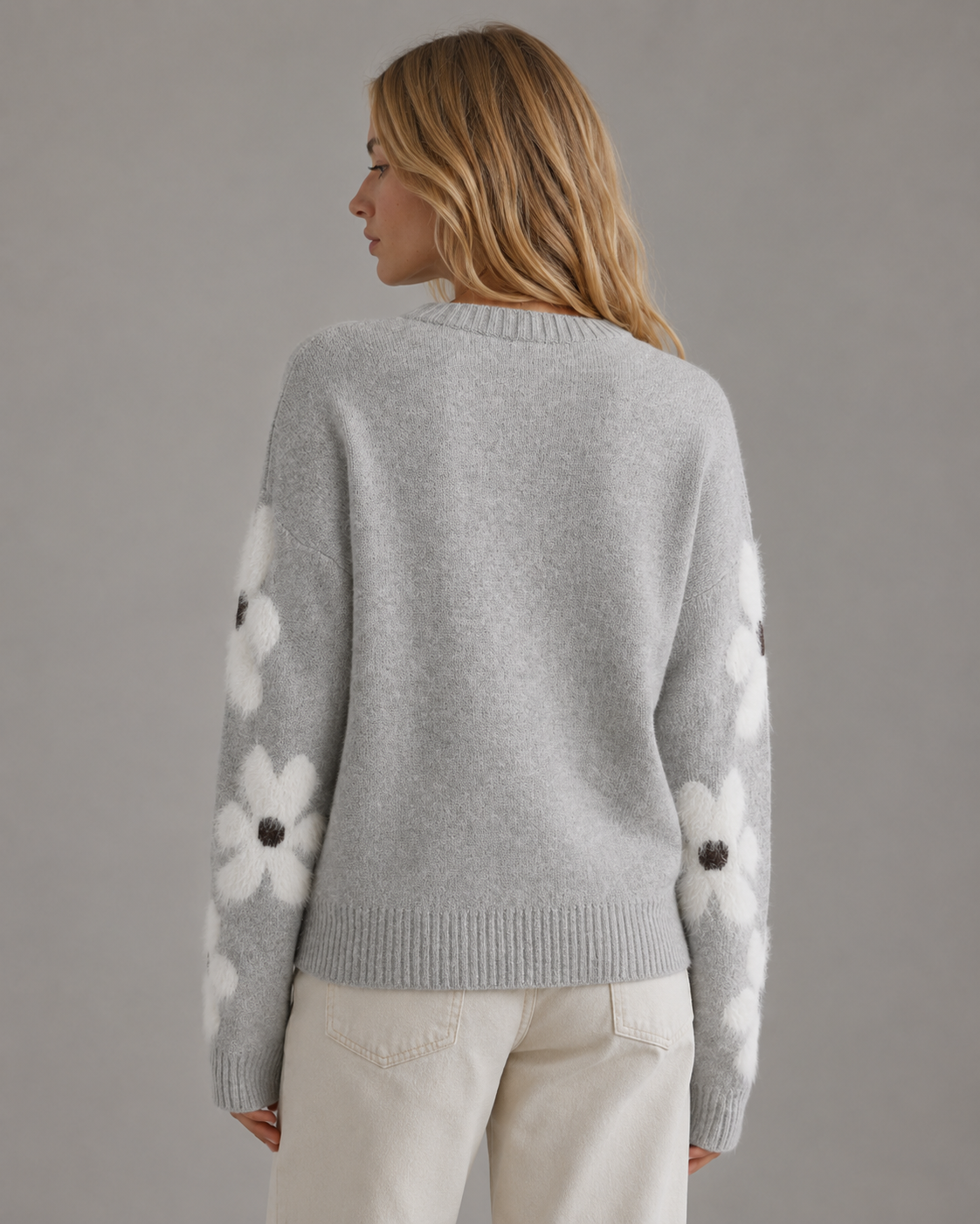 Women's Knit Sweater - Floral Sleeve Crew Neck Relaxed Fit