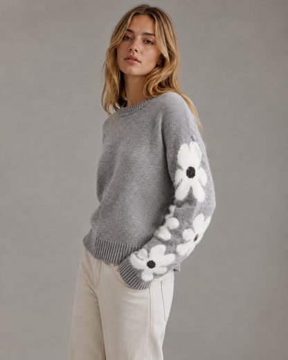 Women's Knit Sweater - Floral Sleeve Crew Neck Relaxed Fit