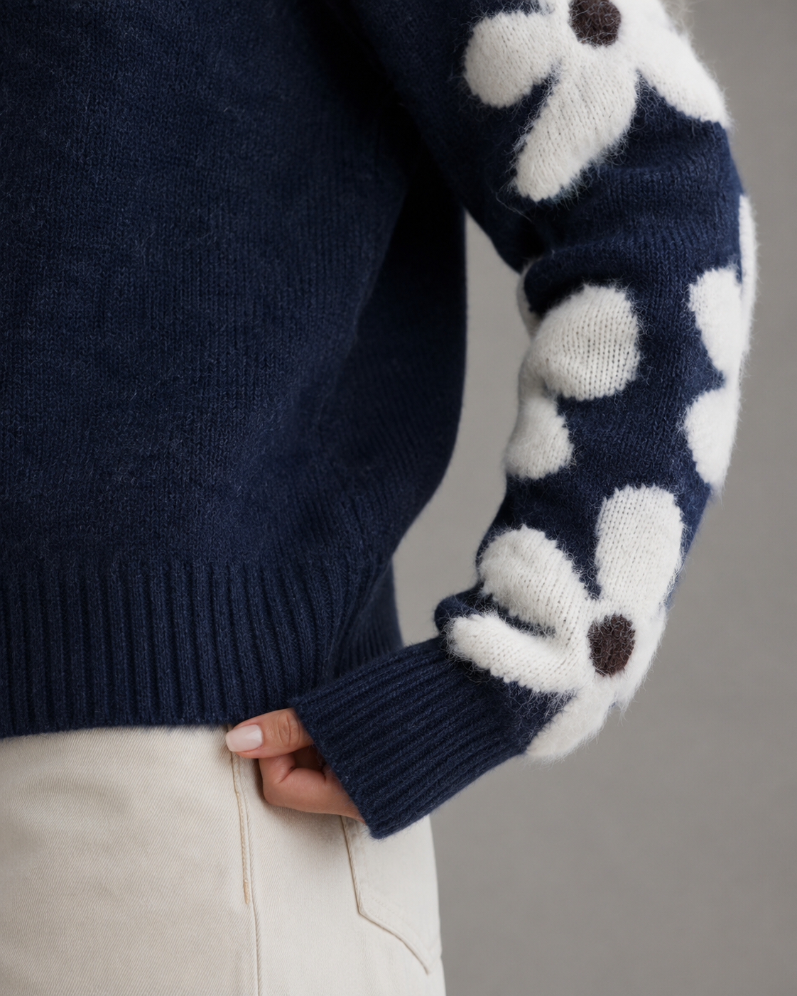 Women's Knit Sweater - Floral Sleeve Crew Neck Relaxed Fit