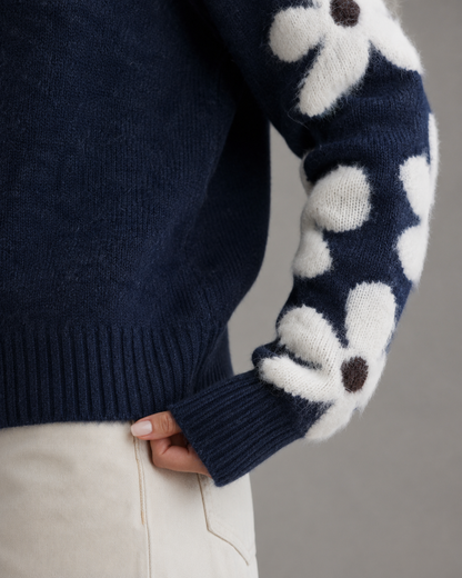 Women's Knit Sweater - Floral Sleeve Crew Neck Relaxed Fit