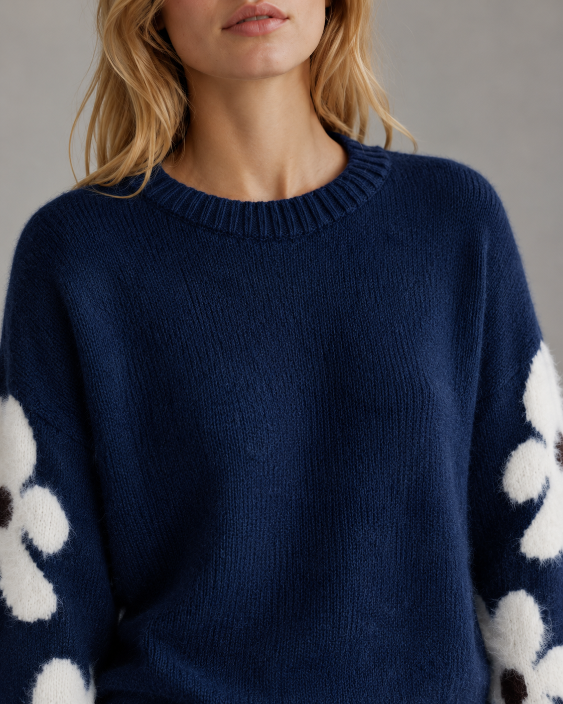 Women's Knit Sweater - Floral Sleeve Crew Neck Relaxed Fit