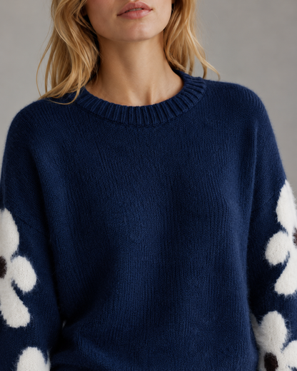 Women's Knit Sweater - Floral Sleeve Crew Neck Relaxed Fit