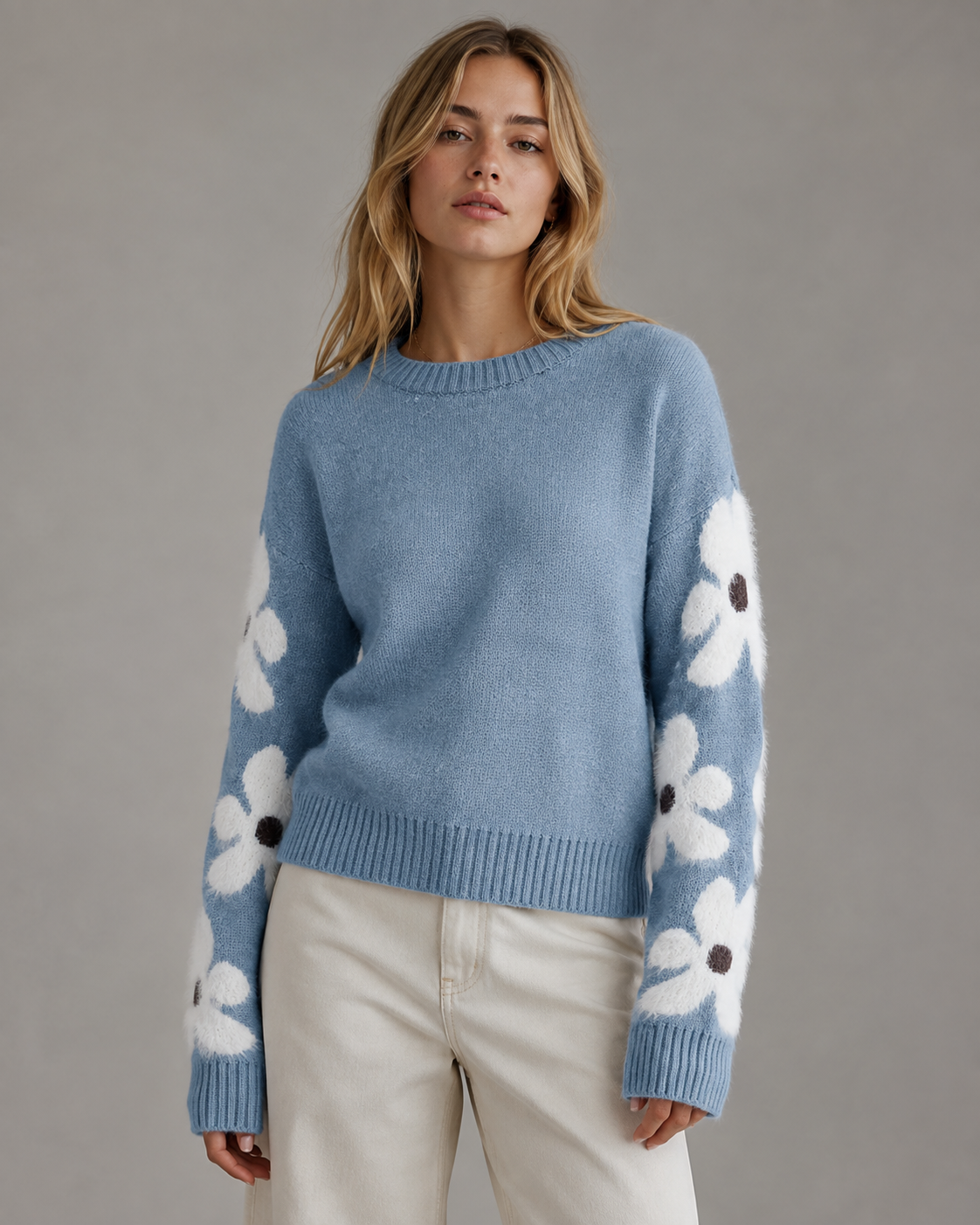 Women's Knit Sweater - Floral Sleeve Crew Neck Relaxed Fit