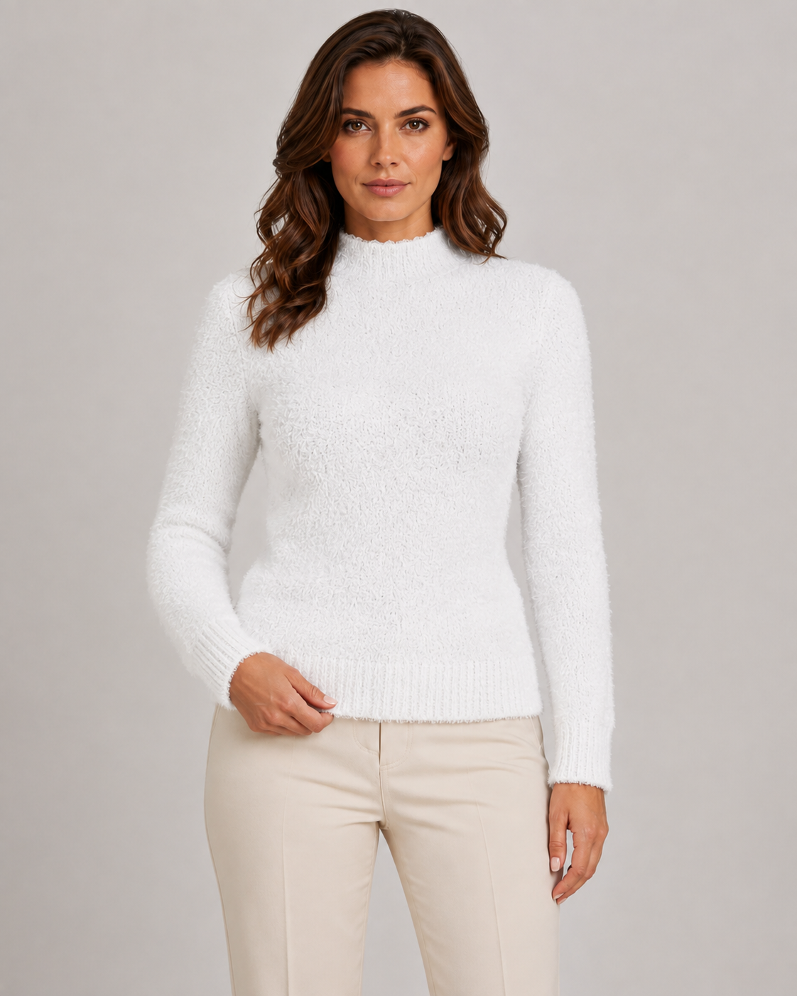 Women's Mock Neck Sweater - Fluffy Fitted Long Sleeve