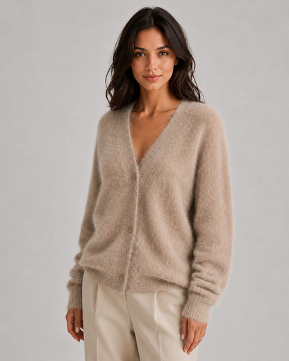 Women's Cardigan Sweater - Fluffy V Neck Button Front